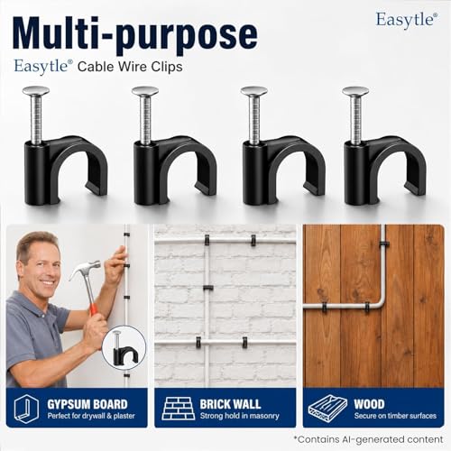 Easytle Plastic Cable Clamps Nail in Cable Clips 100 Pcs 10mm Cable Wire Clips Cable Tacks Coax Cable Clips Speaker Wire Clips Cable Nails for Cords Ethernet Cable Clips Black RG6 RG59 CAT6 RJ45