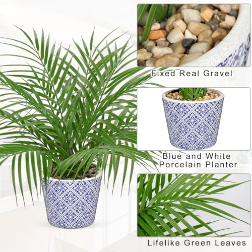 Hollyone Large Artificial Potted Plants Fake Palm Plants 16" Faux Green Plant Plastic Tropical Palm Tree in Blue and White Ceramic Pots Bohemian for Home Room Office House Indoor Decoration - color: 16" Palm Potted-11