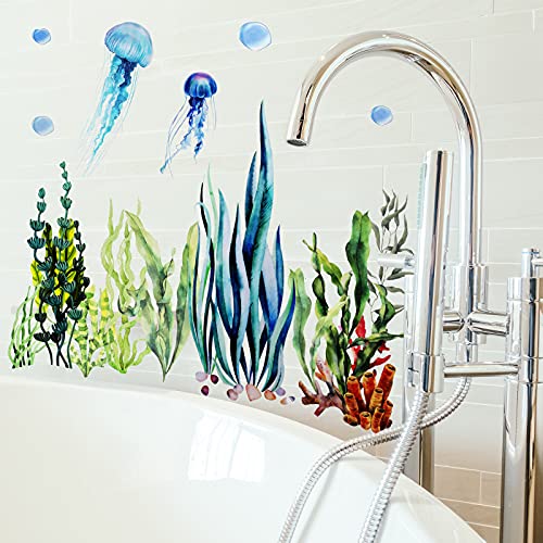 Under The Sea Wall Decals Ocean Stickers Coral Reef Seaweed Jellyfish Removable Wall Decal Undersea Decor Stickers for Bedroom Bathroom Daycare Nursery Home Decoration