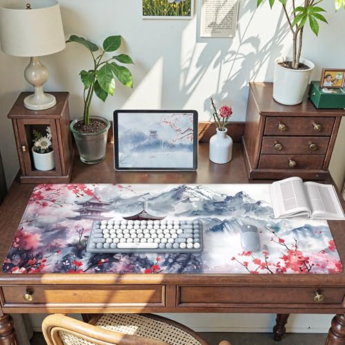 iCasso Desk Protector Mat, Large Japanese Mouse Pad, Stable Rubber Base Mousepad with Stitched Edges, Keyboard Mouse Mat Desk Pad for Work, Game, Office, Home(Sakura) - color: Sakura