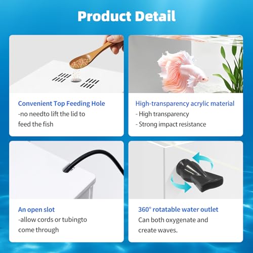 Fish Tank Betta 2.5 Gallon Desktop Small Beta Fish Aquarium Starter Kit with 25W Heater LED Light and Mini Water Pump & Filter Media Compact Aquarium for Betta Fish, Shrimp(White)