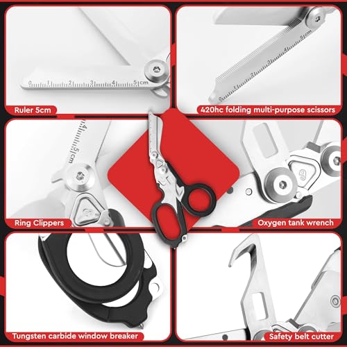 Heavy Duty 6 in 1 Multipurpose Emergency Trauma Shears Scissors with Holster, Outdoor Camping Rescue Tools with Glass Breaker, Strap Cutter Stainless Steel Foldable Scissors Pliers - color: Purple