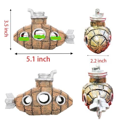 Fish Aquarium Accessories Kit, Betta Fish Hideout Cave, Fish Castle | Resin Sunken Submarine with 6 Artificial Aquatic Plants, 40+ Seashells, 1 Floating Dive - Fish Tank for Freshwater Saltwater - color: Submarine
