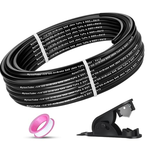 1/4" OD x 50FT DOT Air Line Tubing Kit Black SAE J844 PA12 Nylon Air Brake Hose with Cutter and Teflon Tape For Trailer Trucks RV Braking Systems or Fluid Transfer