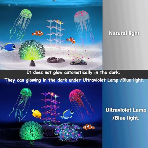 Lpraer 5 Packs Glow Aquarium Decorations Branch Coral Tree Glowing Jellyfish Simulation Glow Plant Glowing Effect Silicone for Fish Tank Decorations - color: 5 Pcs(branch Coral+coral Tree+coral And+2x Jellyfish)