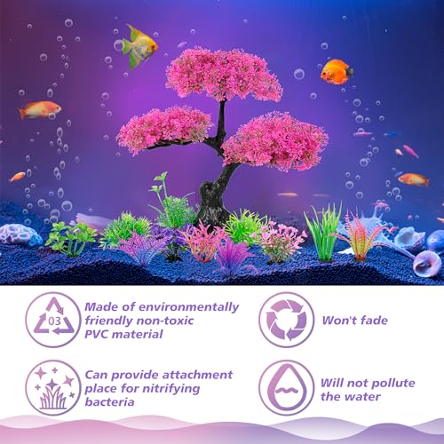Ameliade Aquarium Artificial Plastic Plants Decoration, Pink Cherry Blossom Tree Aquarium Decor Set, Goldfish Betta Fish Tank Decorations Hides Accessories（Pink - color: Pink