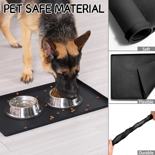 MateeyLife Silicone Cat & Dog Food Mat for Floors Waterproof, Anti-Slip Dog Bowl Mats for Food and Water, Pet Feeding Mats with Lip to Prevent Spills, Pet Placemat for Messy Drinkers to Protect Floors - color: Black, size: 24''×16''