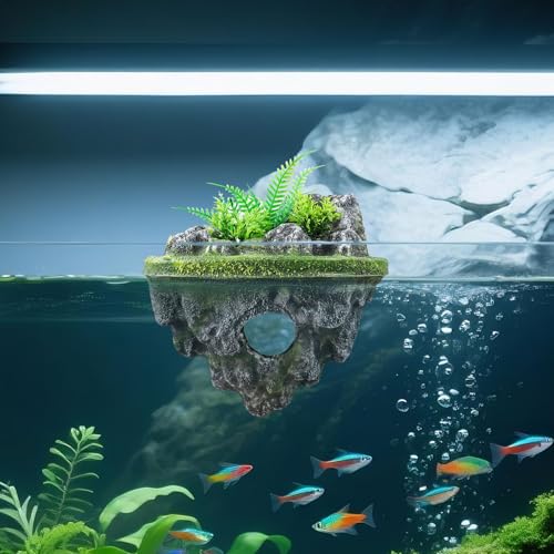 Floating Island Fish Tank Decorations – Aquarium Decor with Hideout Tunnel, Betta Fish and Shrimp Cave, PVC Aquarium Accessory with Artificial Plants - size: Large