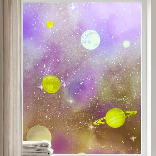 Purple Window Privacy Film Stained Glass Sliding Door Cling Decorative Galaxy Planet Static Tint UV Blocking Non-Adhesive Covering Stickers Cover Decal for Kids Bedroom,17.5x78.7in. - color: Galaxy Purple, size: 17.5''x78.7''