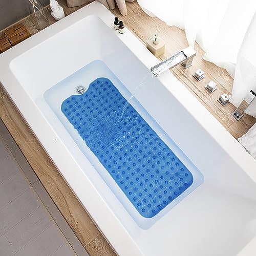 TEESHLY Bathtub Mats for Shower Tub, Extra Long Non-Slip 39 x 16 Inch Bath Mat with Drain Holes and Suction Cups, BathMat for Bathroom with Machine Washable (Clear Blue) - color: Clear Blue