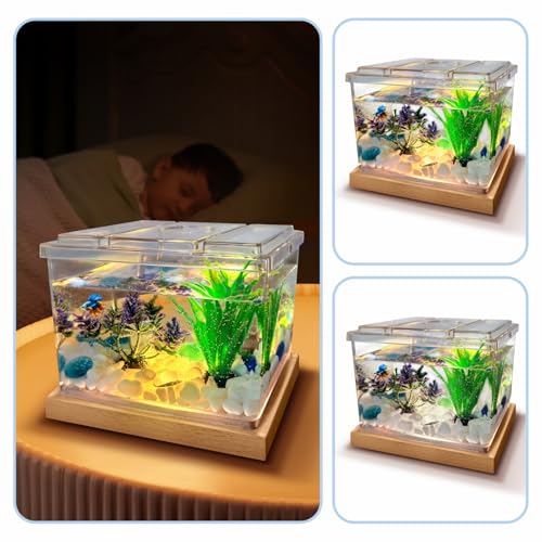 Mini Betta Fish Tank Kit with LED Light Base, Small Fish Bowl for Temporary Space, 0.2 Gallon Stackable Cube Tank with Artificial Plants for Small Fish, Insect, Shrimp, Crab, Spider (Kit-2)