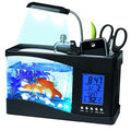 Mini Fish , Multifunctional USB Rechargeable Fish Desktop Electronic Aquarium with Clock Function LED Light Pen Holder for Office, Home