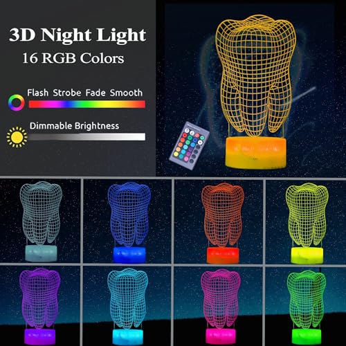 Dental Gifts, 3D Tooth Night Light, 3D Illusion Lamp, 16 Colors Changing, Remote Control, Dimmable, Living Room Decoration, Xmas Tooth Model Gifts - color: Tooth