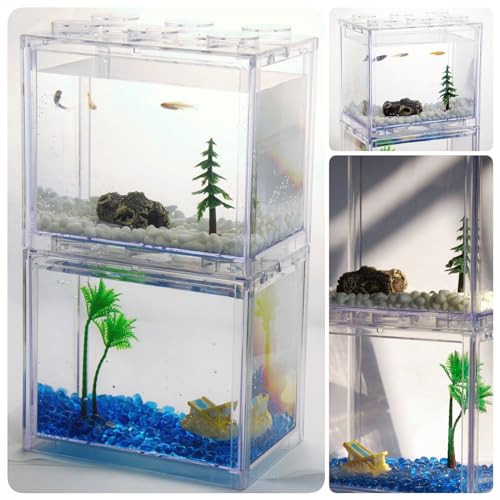 2 Pack Sea Monkey Fish Tank, Mini Betta Fish Tank Stackable Aquarium Tank Kit with Aquarium Gravel & Micro Landscape, 0.6 Gallon Acrylic Fish Bowl Tiny Shrimp Tank for Baby Fish Crab Moss Ball - color: Clear