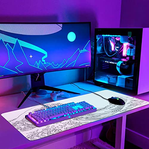 iCasso White Mouse Pad, Extended Gaming Mouse Pad (35.4x15.7 in), Large Stable Rubber Base Mousepad with Stitched Edges, Keyboard Mouse Mat Desk Pad for Work, Game, Office, Home - color: White Wave of Kanagawa
