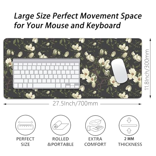 Magnolia Flowers Desk Pad Mouse Pad,Large Floral Mouse Mat with Stitched Edges,Non-Slip Rubber Base Black Mousepad for Office PC Keyboard Laptop and Home Work Desk Mat(27.5X11.8 in) - color: White flowers