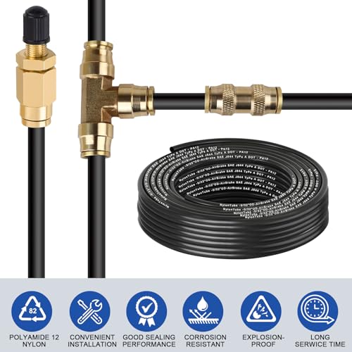 5/32" OD x 50FT DOT Air Line Black SAE J 844 PA12 Nylon Air Brake Tubing with Cutter and Teflon Tape, Pneumatic Nylon Air Line Hose for Semi Truck Trailer Air Brake System & Fluid Transfer - size: 50FT-5/32"OD