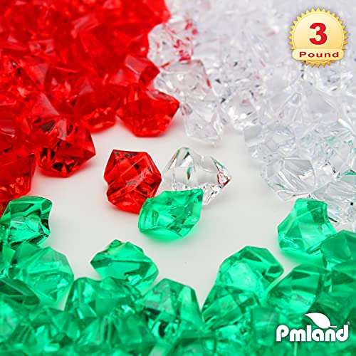 PMLAND Clear Fake Ice Rocks – 550 Pcs Large Acrylic Gems Crushed Plastic Diamonds, Green White Red (3Lbs/2.25 Quarts) – Bulk Vase Filler for Centerpieces Christmas Theme Décor Table Scatter - color: Green White and Red