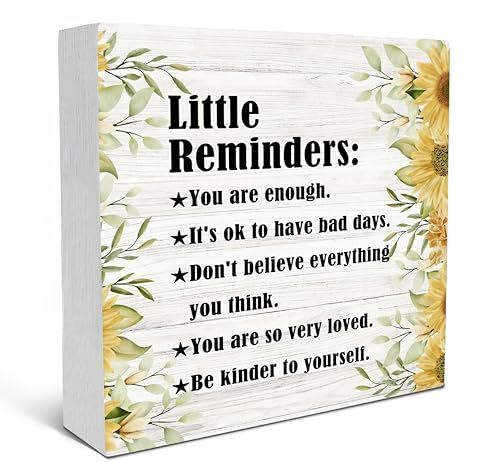 SRADMO Inspirational Little Reminders Wood Box Sign Desk Decor, Inspirational Desk Decor, College Motivational Positive Affirmation Gifts Box Sign For Office Home Dorm Tabletop Decoration(Yellow) - color: yellow, size: 5″×5″
