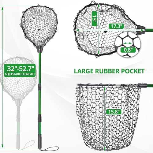 Rubber Fishing Net with Telescoping Handle - High Strength Landing Net for Fishing with Soft Rubber Netting, Two Sizes Options - size: M, Hoop Size: 17.3″ x 13″