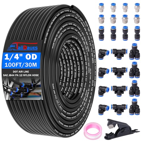 1/4" Air Line Tubing Kit,100 FT(30m)1/4 Inch DOT Air Line SAE j844 PA Nylon Air Hose Quick Connect Fittings with Cutter and Teflon Tape,1/4" Air Hose Kit for Pneumatic System Or Fluid Transfer(27 PCS)