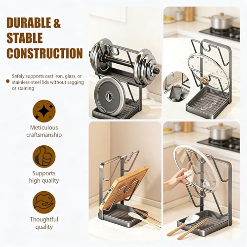 Kitchen Pot Lid Storage Rack, Pot Lid Holder & Organizer for Countertop with Removable Tray, Space Saving pot lid stand (White, Single-Layer) - color: White, size: Single-Layer
