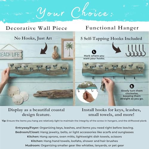 Crab Driftwood Wall Art & DIY Key Holder – Handmade Coastal Home Decor – 17.5" Genuine Weathered Wood Plank with 5 Removable Hooks for Keys, Leashes, and Jewelry – Beach House Entryway Organizer (Crab Parade) - style: Crab Parade
