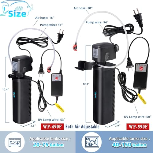 Aquarium Filter w/ Scientific U-V Timer for 20-75Gal Fish Turtle Tank Bio Internal Filter Power Pump Air Supply Deodorization Green Killing Clean Machine Saltwater Freshwater Crystal Clear 200GPH