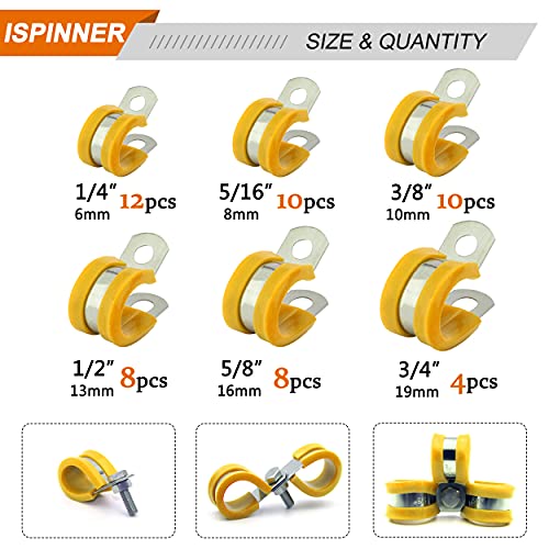 ISPINNER 52pcs Cable Clamps Assortment Kit, 304 Stainless Steel Rubber Cushion Pipe Clamps in 6 Sizes 1/4" 5/16" 3/8" 1/2" 5/8" 3/4" (Yellow) - color: Yellow