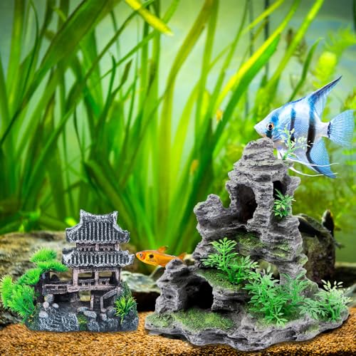 Saim Large Aquarium Decor Set - Resin Castle & Mountain Stone, 2Pack | Resin Castle and Mountain View Stone Ornament, Fish Tank Rock Decor & Aquatic Plant Background, Freshwater/Saltwater Tanks - size: 11.5x6x10.6+5.83x3.74x5.91