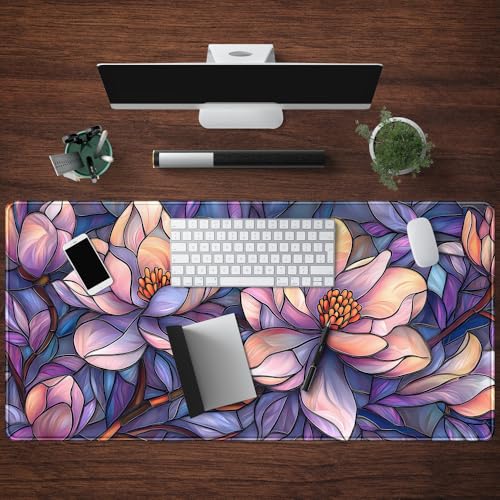 Floral Desk Mat Gaming Large Mouse Pad Desk Keyboard Pad, Long Computer Mat Faux Stained Glass Artistic Patterns Mouse Mat, Aesthetic Floral Purple & Pink Desk Protector Office Decor 31.5" X 15.7" - color: Purple