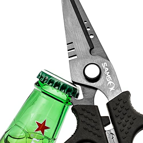SAMSFX 6.5in Fishing Scissors with Non-Slip Grip Handles and Micro Serrated Edges, Multi-Function Shears with Nylon Sheath