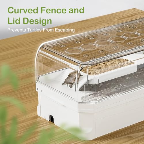 Turtle Tank Kit with Lid,Aquatic Tortoise Habitat Cage Starter Aquarium with Multi-Function Area,UV Basking Platform Light,Water Filter,Rain Shower Arm,Plant,Stone,Enclosure Red Eared Slider