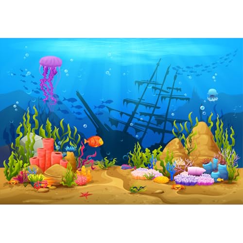 Under The Sea Aquarium Background Underwater Game Level Landscape Terrarium Background Tropical Corals Fish Shoal Sunken Ship Fish Tank Backdrop Cartoon Ship Wrecks Coral Reef Backdrops 24x12in - color: Sunken Blue, size: 24(W)x12(H)in