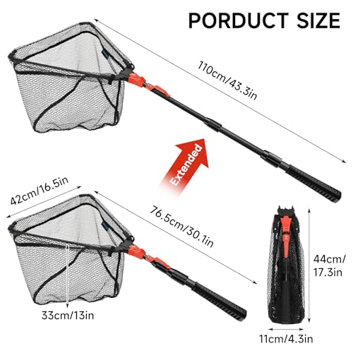 SAN LIKE Fishing Net Fish Landing Net Collapsible Fish Net with Anti-Slip Telescoping Rubber Pole Handle for Kids Adults in Saltwater Freshwater Multi-Size Extending to 37/42/43/51/69/71/89/98inch - color: Orange Fiberglass Pole,Length 30.7" to 43.3"