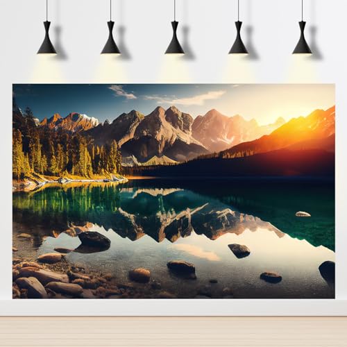 Mountain Lake Aquarium Background Summer Sunrise on Lake Mountain Range Fish Tank Background Sunset Stream Reptile Tank Backgrounds Pine Trees Rock Formation Reptile Enclosure Backgrounds 24x12in - color: Brown, size: 24(W)x12(H)inches/ 60(W)*30cm(H)