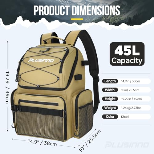 PLUSINNO Cooler Fishing Backpack with Rod Holders 45L Large Water-resistant Fishing Tackle bag Store Fishing Gear Fishing Gifts for Men Father - color: Khaki