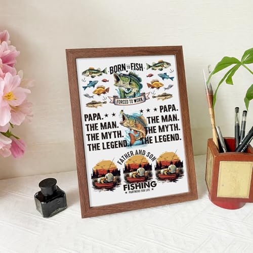 Funny UV DTF Decals - 10 Sheets Father and Son Fishing UV DTF Cup Wraps for 16 oz Glass Coffee Mug, Born to Fish Fun Waterproof Transfer Sticker DIY Water Bottle Craft Creative Decorative Gift for Son - style: Fishing