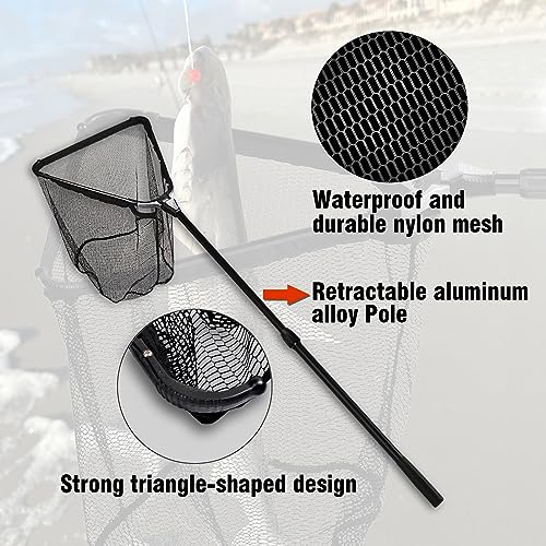 Fiblink Folding Aluminum Fishing Landing Net Fish Net with Extending Telescoping Pole Handle - style: Extend Length: 44-60 Inches (With Larger Net)