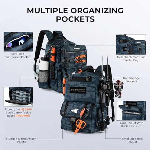 KastKing BaitSpace Fishing Tackle Backpack with Removable Bait Binder,2 Rod Holders Storage Fishing Gear and Equipment - color: C: Blue Camo (With (4) 3600 Tackle Boxes)