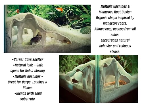 Aquarium & Terrarium Corner Underground Cave – Faux Mangrove Root Hideout for Betta, Corydoras, Shrimp, Geckos & Snakes – Natural-Look Tank Decor in Textured Root Style (Desert Tan, 7.5''x7.5''x4'') - color: Desert Tan
