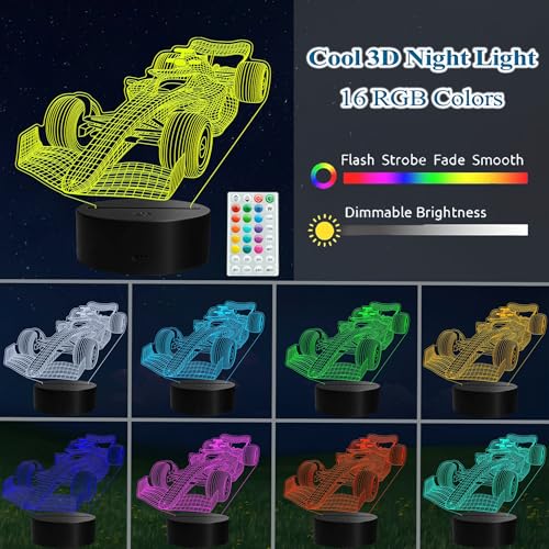 F1 Car Night Light, Formula One Gifts, 3D Illusion Lamp with Remote Control, 16 RGB Colors, 4 Flashing Modes, Timer, Dimmable, Men Boy Racing Car Gifts Room Decoration for Holiday Birthday Christmas - color: Color 10