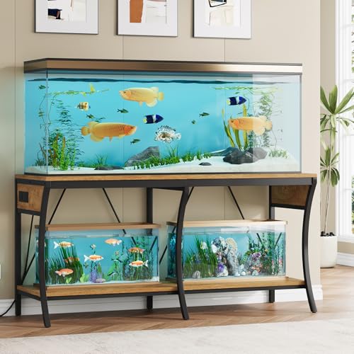 55-90 Gallon Fish Tank Stand with Power Outlets, 2-Tier Aquarium Stand with LED Light Strip & Open Storage Shelves, Heavy Duty Metal Table for Reptile Tank, 1100 LBS Capacity, Light Brown and Black - color: Light Brown and Black