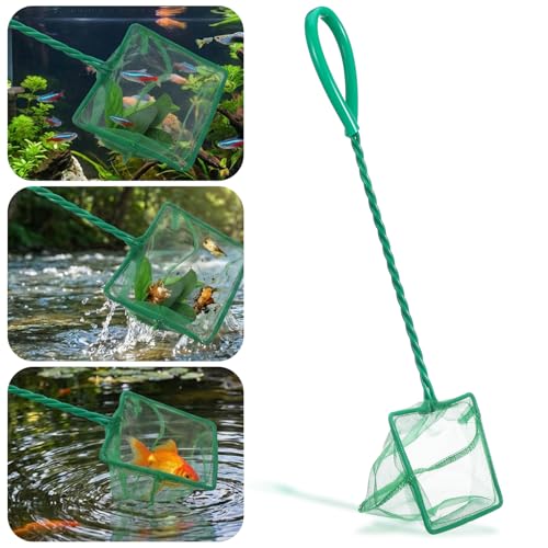2 PCS 4 Inch Fish Net Aquarium, Green Square Fish Tank Net Fine Mesh Quick Catch Fish Nets Aquarium Fishes Nets with 9.8 Inch Braided Metal Handle for Fishes Tanks Small Ponds and Pools