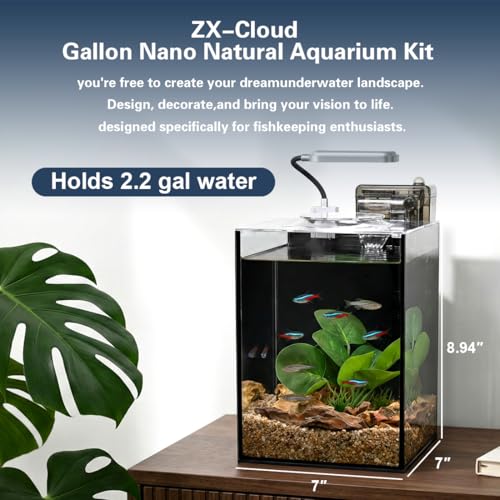 Fish Tank Kit,2.2 Gallon Small Aquarium,Ultra-Clear Nano Aquarium,Betta Fish Tank,Small Fish Tank,Aquarium Starter kit with Light,Filter,Pine Skin Stone,Sand and Artificial Plants - size: 7"L x 7"W x 9.84"H