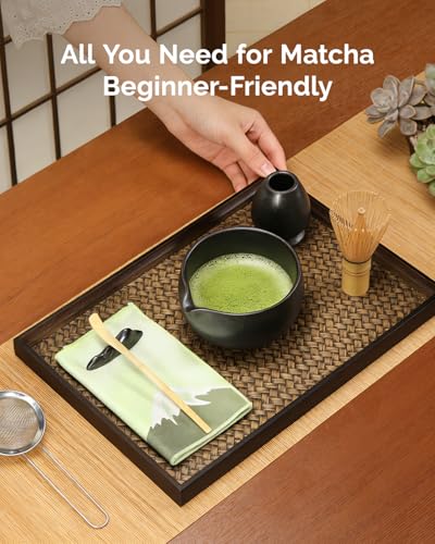 Maestri House Matcha Whisk Set, 7-Pc Complete Matcha Kit with Spouted Ceramic Bowl, Bamboo Whisk and Holder, Scoop, Spoon Rest & Sifter, Tea Cloth – Ideal Gift for Matcha Lovers (Black Stone) - color: Black Stone
