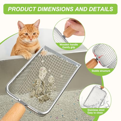 XBX Cat Litter Scoop with Holder, Metal Mesh Litter Scoop with Beech Wood Grip,Stainless Steel Litter Scooper with Fine Holes, Easy Sifting Litter Box Cleaning Tool