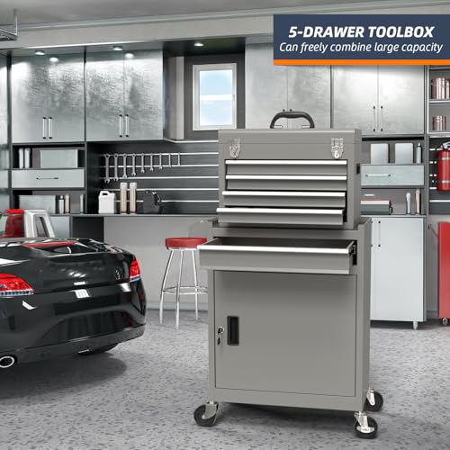 5-Drawer High Capacity Rolling Tool Box, Removable Cabinet Storage Tool Chest with Wheels and Drawers, Detachable Toolbox with Lock for Mechanics Garage Workshop and Tool Room (Grey) - color: Grey