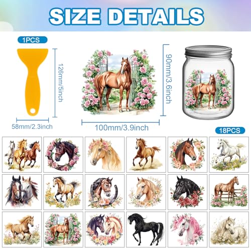 GLOBLELAND 18 Sheets Horse Transfer Stickers 3.9x3.6inch Horse and Flowers Colorful Transfer Decal Rub on Transfer for Furniture Vase Glass Art Crafts Decorations - style: Horse