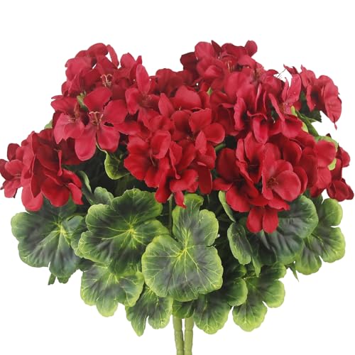 2 Pcs Artificial Geraniums for Outdoor Silk Geranium Flowers Red Artificial Geranium Bush Faux Flowers Geraniums Branch for Garden Patio Grave Cemetary Vase Table Centerpiece Indoor Decor